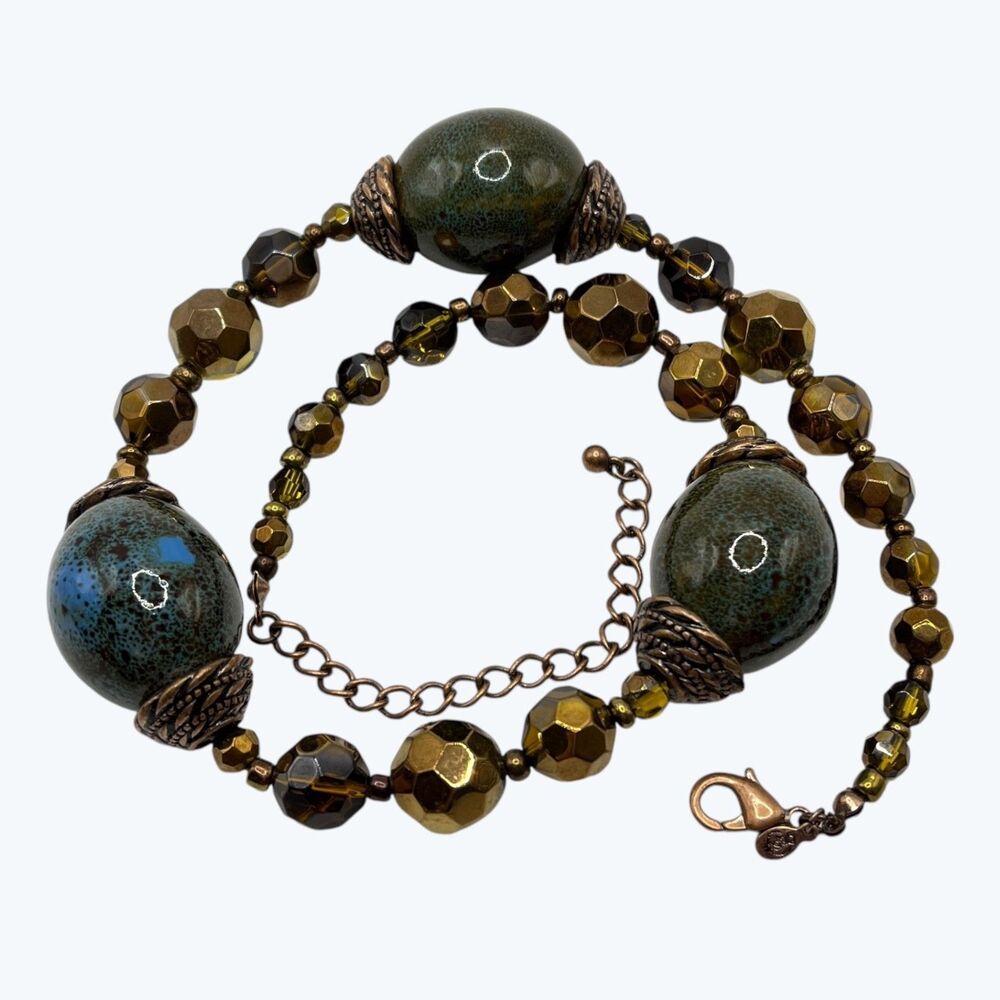 Premier Design Aztec Chunky Pottery Bead Crystal Necklace Copper Tone Statement